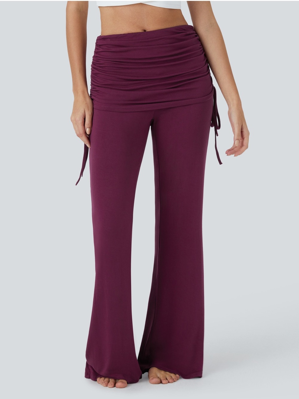 HALARA Ruched Drawstring Wide Leg Pants - Plum